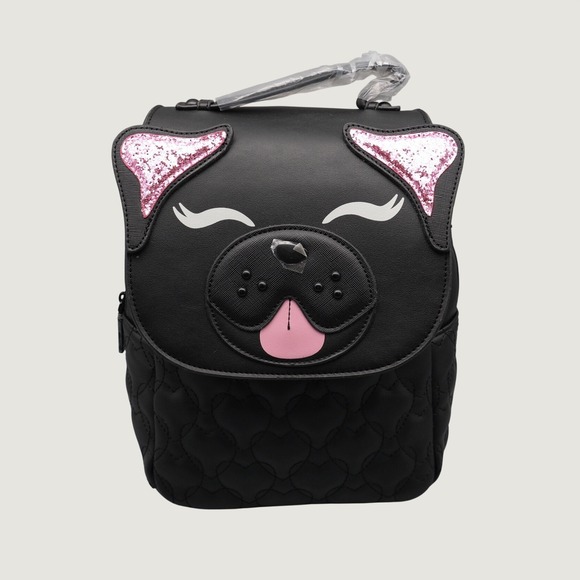 Betsey Johnson Handbags - Betsey Johnson Pug Mini Backpack Black Quilted Heart Pink Glitter Dog Novelty